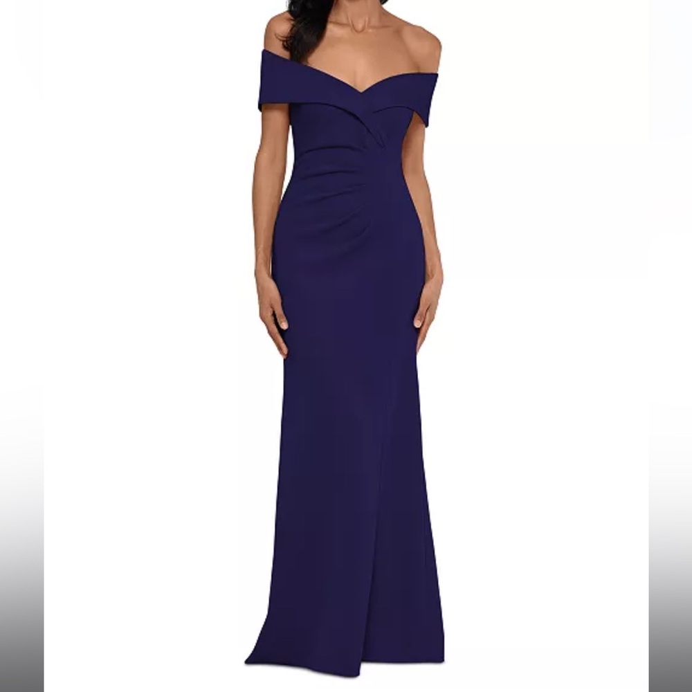 NWT XSCAPE Off-The-Shoulder Ruched Gown in Navy Blue